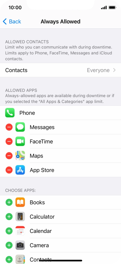 Press the remove icon next to the required app to remove it from the list of allowed apps during Downtime.
