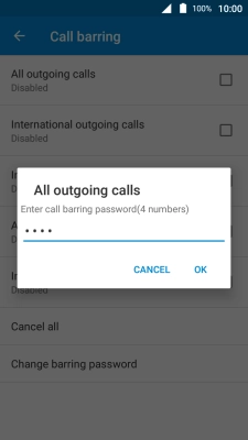 Key in your barring password and press OK. The default barring password is 0000.