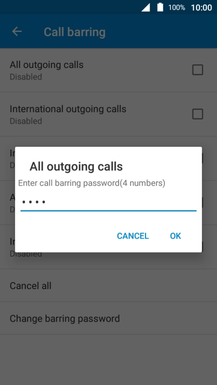 Key in your barring password and press OK. The default barring password is 0000.