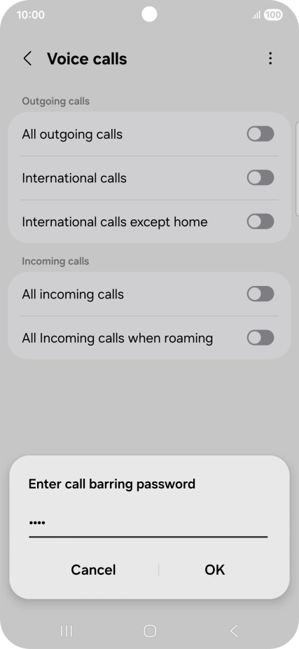 Key in your barring password and press OK. The default barring password is 0000.