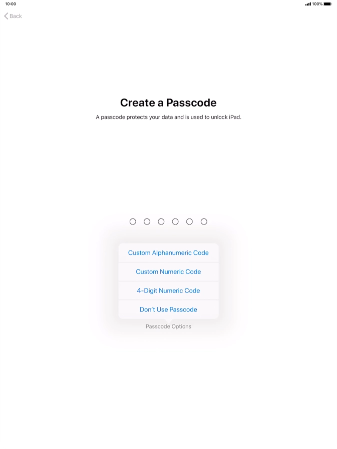 Follow the instructions on the screen to turn on use of lock code or press Don't Use Passcode.