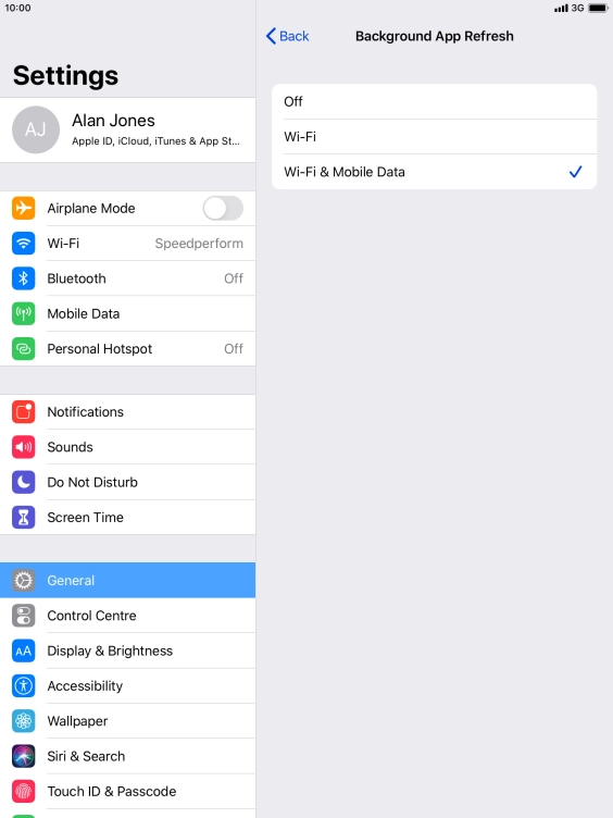 To turn off background refresh of apps, press Off.