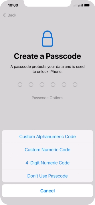 Follow the instructions on the screen to turn on use of phone lock code or press Don't Use Passcode.
