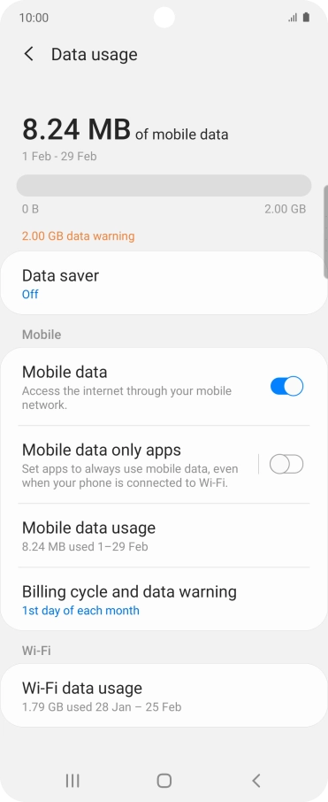 The total data usage is displayed. The total data usage is displayed.