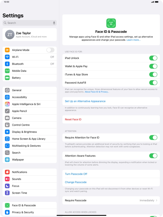 Press the indicators next to the required settings to turn them on or off.