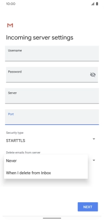 Press Never to keep email messages on the server when you delete them on your phone.