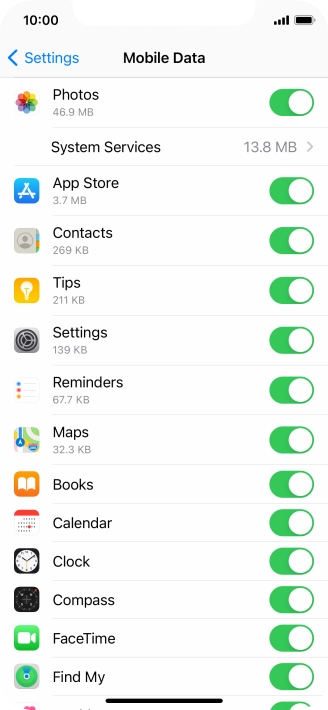 The data usage for each application is displayed below the name of the application.