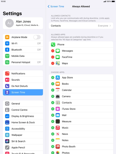 Press the add icon next to the required app to add it to the list of allowed apps during Downtime.