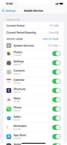 The data usage for each application is displayed below the name of the application.
