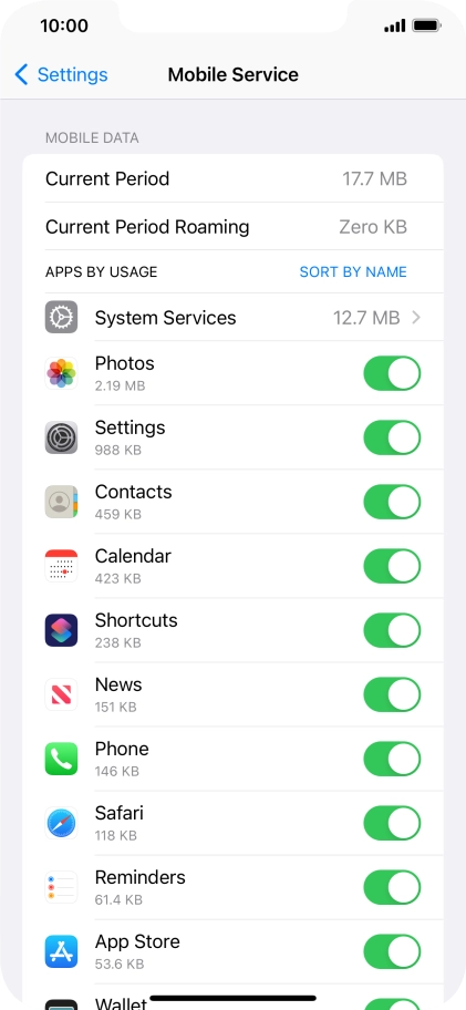 The data usage for each application is displayed below the name of the application.