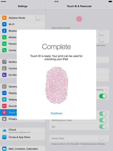 Press Continue. If you haven't previously selected a lock code, key in a code of your own choice twice.