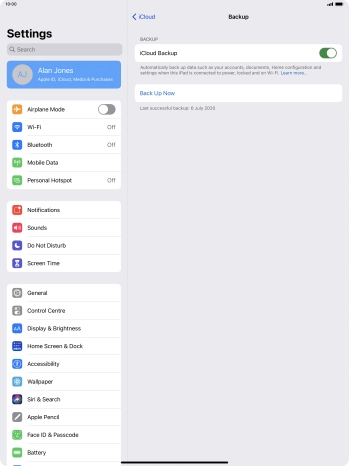 Press Back Up Now and wait while the tablet memory is backed up.