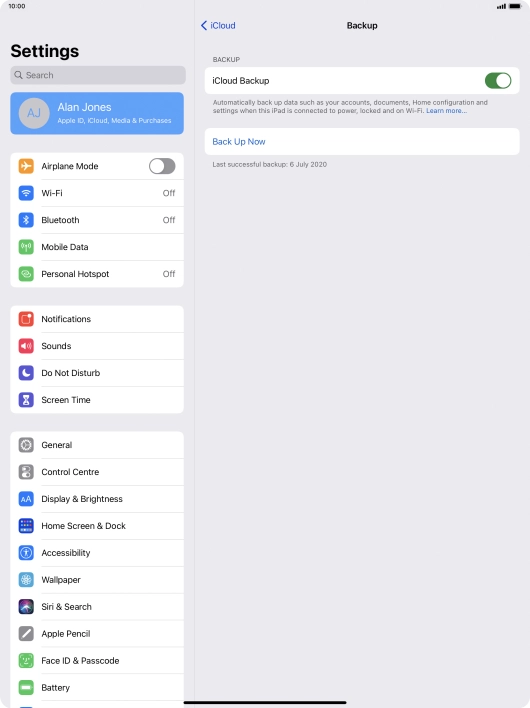 Press Back Up Now and wait while the tablet memory is backed up.
