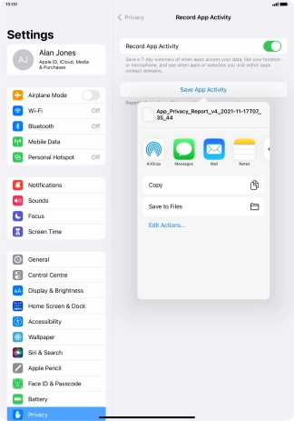 Press the required setting and follow the instructions on the screen to share or save the app activity report.