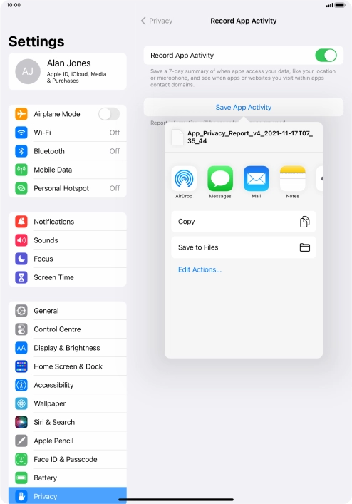 Press the required setting and follow the instructions on the screen to share or save the app activity report.
