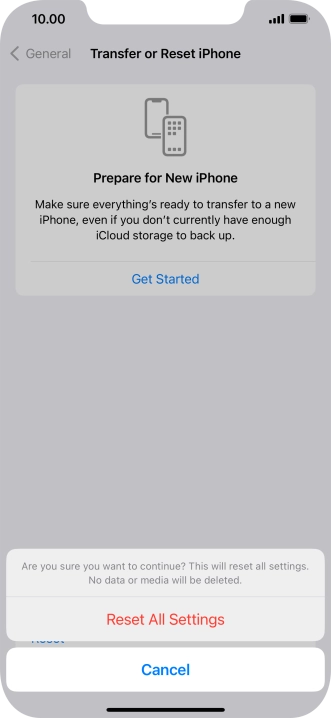 Press Reset All Settings. Wait a moment while the factory default settings are restored. Follow the instructions on the screen to set up your phone and prepare it for use.