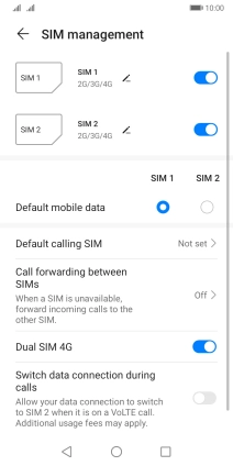 Press the indicator next to the required SIM to turn use of the SIM on or off.