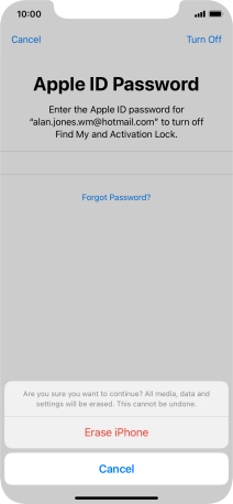 Key in the password for your Apple ID and press Erase iPhone. Wait a moment while the factory default settings are restored. Follow the instructions on the screen to set up your phone and prepare it for use.