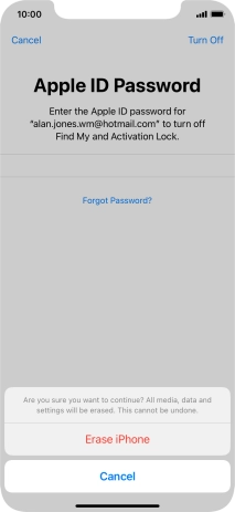 Key in the password for your Apple ID and press Erase iPhone. Wait a moment while the factory default settings are restored. Follow the instructions on the screen to set up your phone and prepare it for use.