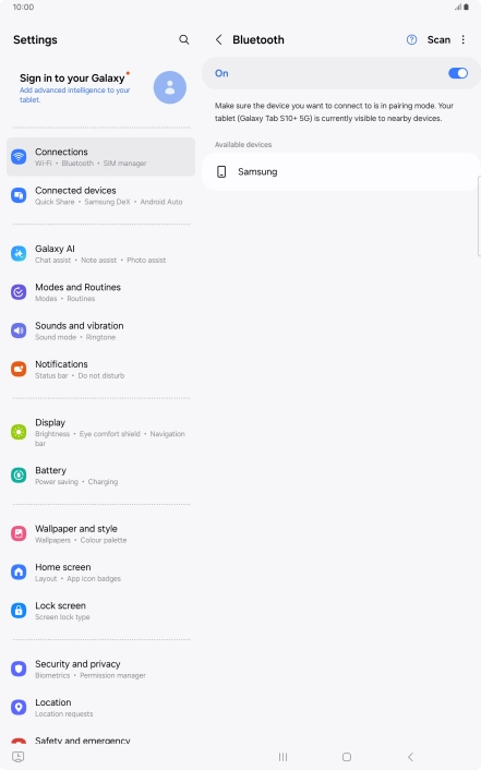 Press the required Bluetooth device and follow the instructions on the screen to pair the device with your tablet. Press the required Bluetooth device and follow the instructions on the screen to pair the device with your tablet.