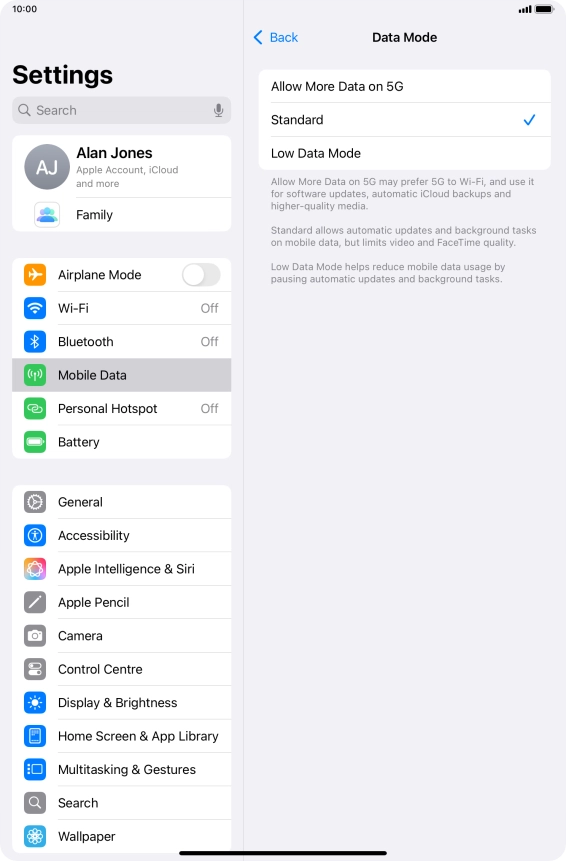Press the required setting to turn the function on or off. Press the required setting to turn the function on or off.