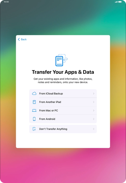 You can transfer the contents of an Android device to your tablet when it's activated for the first time and after a factory reset. When this screen is displayed, your tablet is ready to transfer content from an Android device.