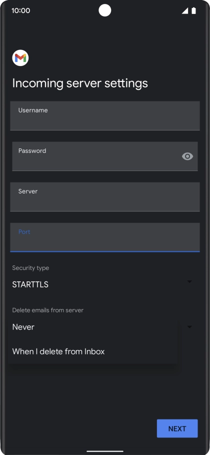 Press Never to keep email messages on the server when you delete them on your phone.