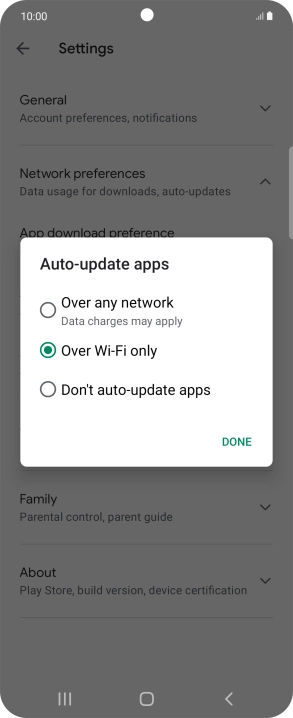 To turn on automatic update of apps using mobile network, press Over any network.