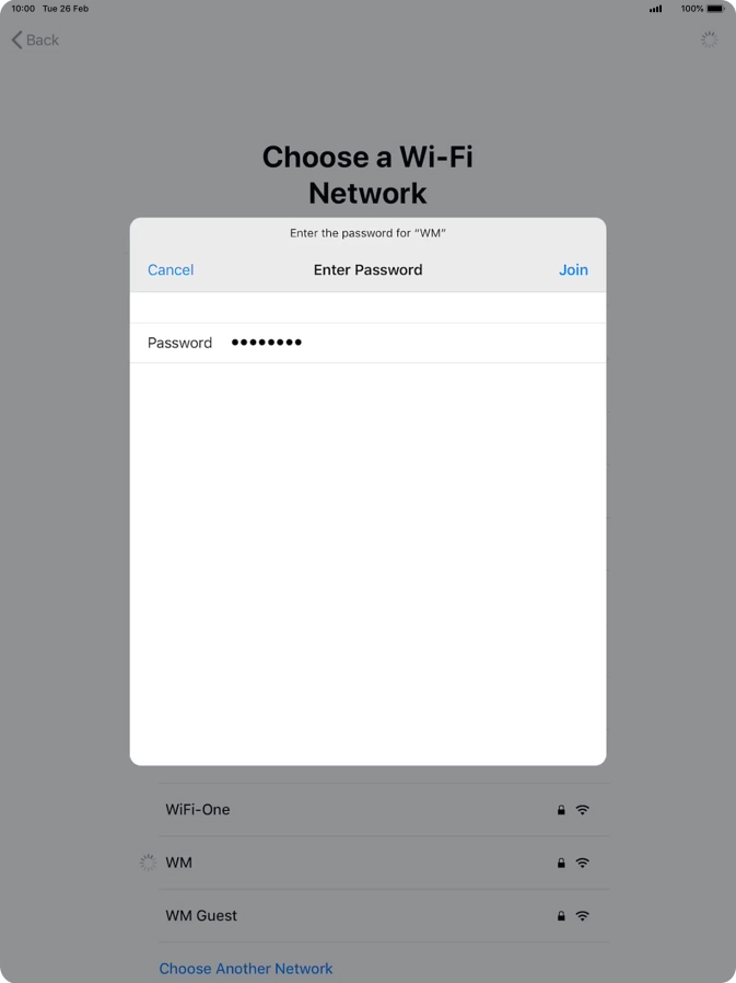 Key in the password for the Wi-Fi network and press Join.