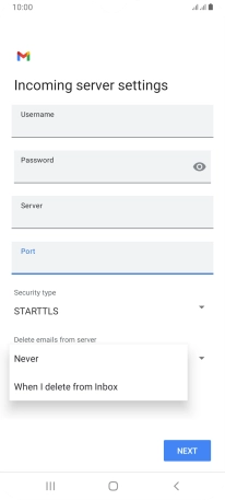 Press Never to keep email messages on the server when you delete them on your phone.