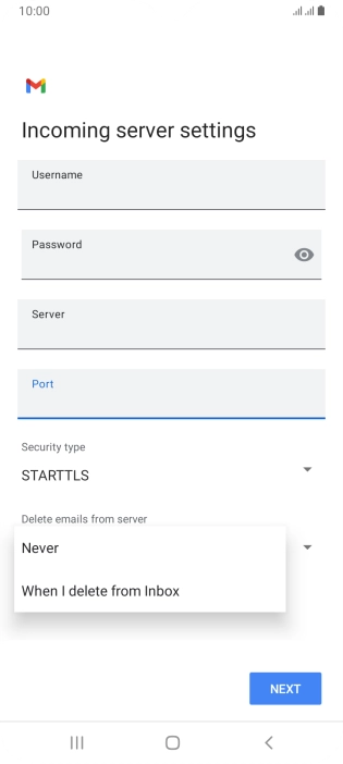 Press Never to keep email messages on the server when you delete them on your phone.