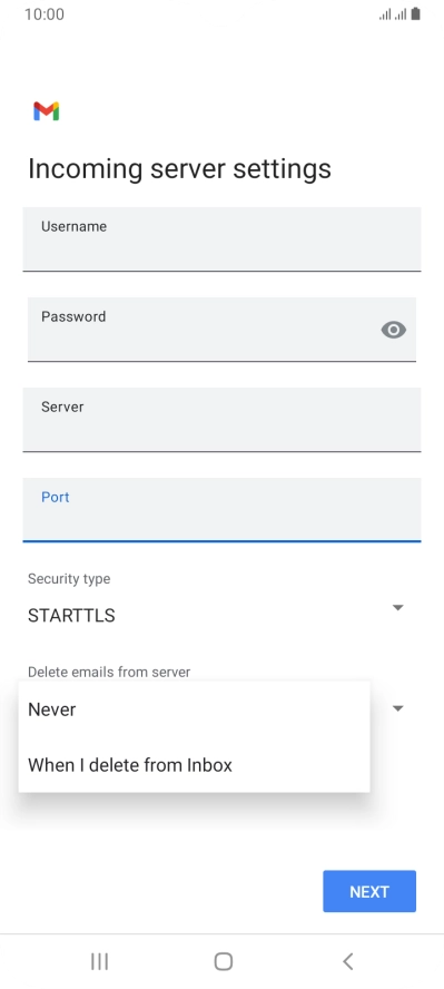 Press Never to keep email messages on the server when you delete them on your phone.