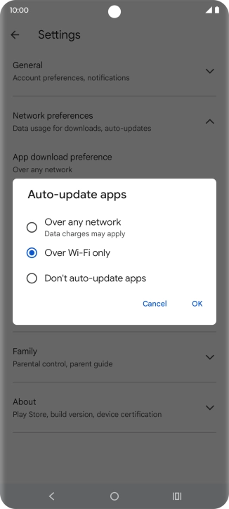 To turn on automatic update of apps using mobile network, press Over any network.