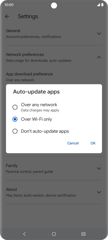 To turn on automatic update of apps using mobile network, press Over any network.
