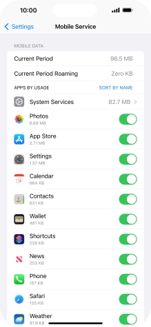 The data usage for each application is displayed below the name of the application.