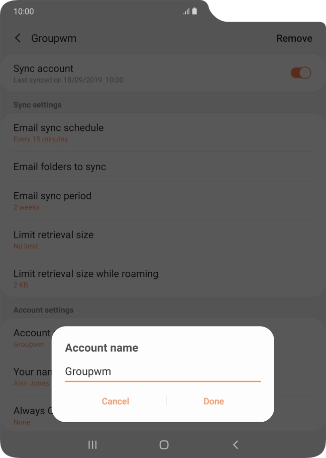 Key in the required name for the email account and press Done.
