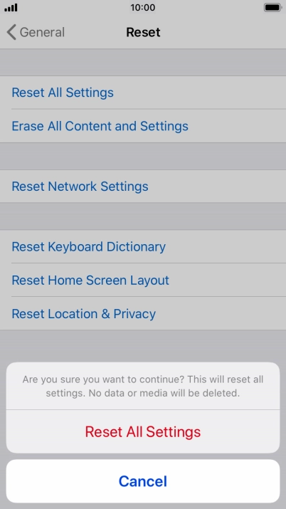 Press Reset All Settings. Wait a moment while the factory default settings are restored. Follow the instructions on the screen to set up your phone and prepare it for use.