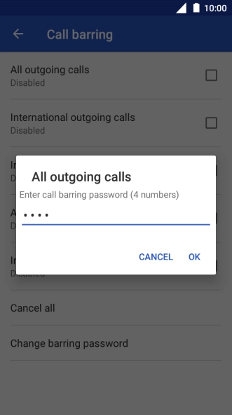Key in your barring password and press OK. The default barring password is 0000.