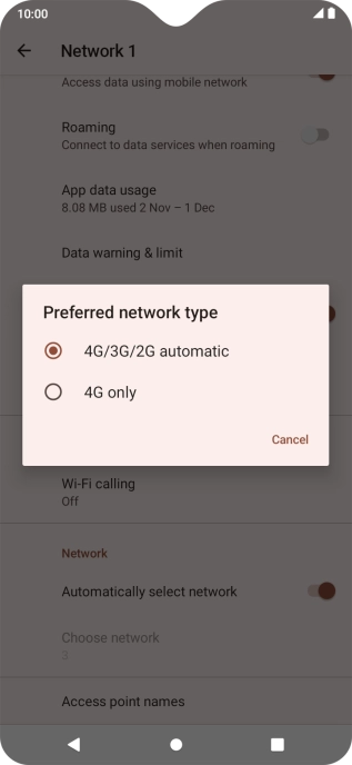 Press the required network mode.