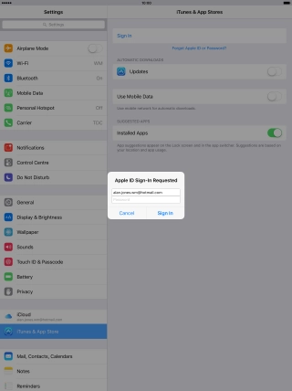 Press Password and key in the password for your Apple ID. Press Password and key in the password for your Apple ID.