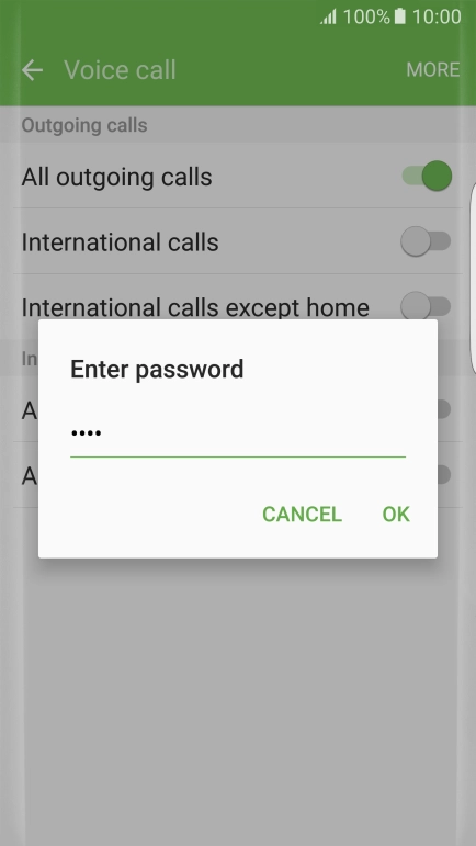 Key in your barring password and press OK. The default barring password is 0000.