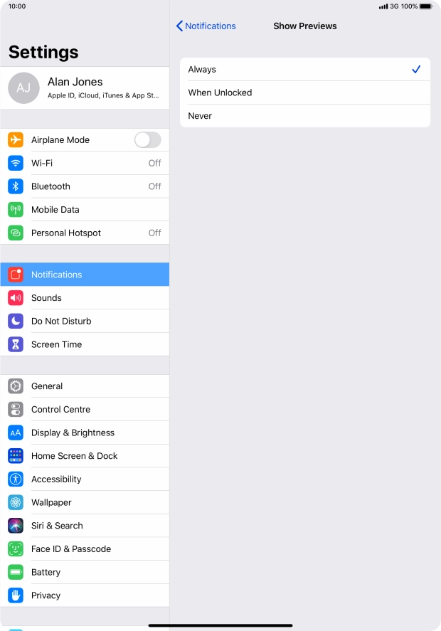 To select notification preview on the lock screen, press Always.