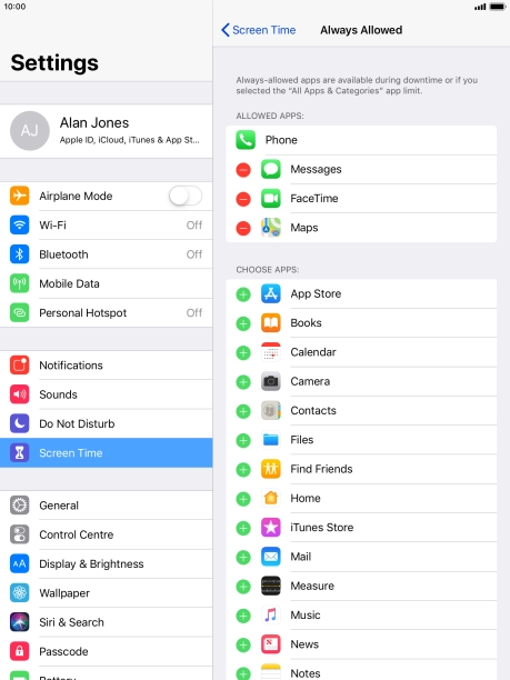Press the add icon next to the required app to add it to the list of allowed apps during Downtime.