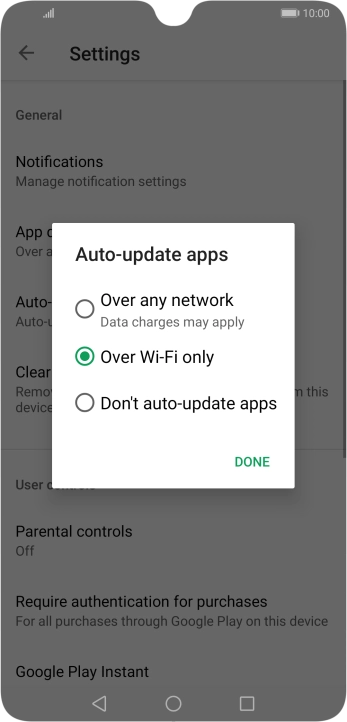 To turn on automatic update of apps using mobile network, press Over any network Data charges may apply.