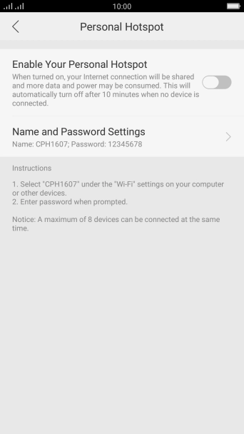 Press Name and Password Settings.