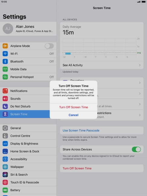 Press Turn Off Screen Time. Press Turn Off Screen Time.