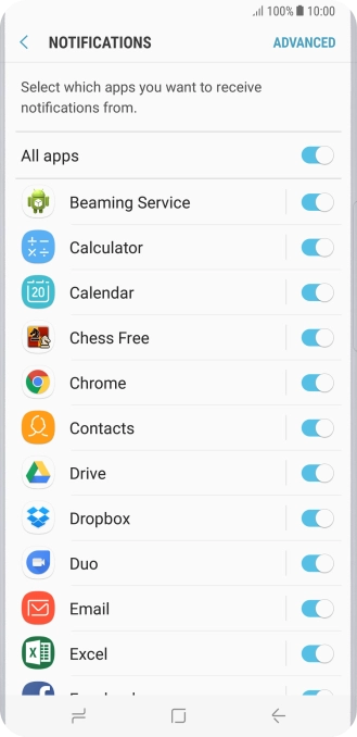 Press the indicator next to the required app to turn the function on or off.