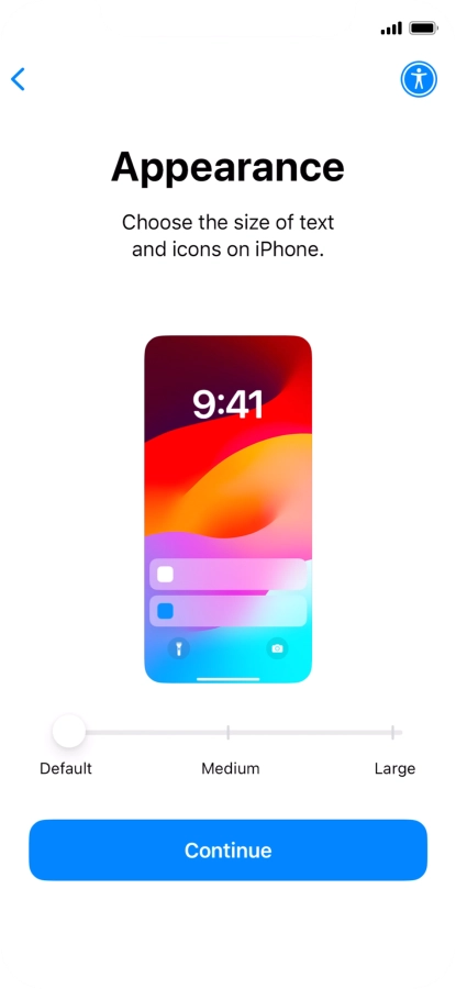 Select the required text and icon size on your phone and press Continue.