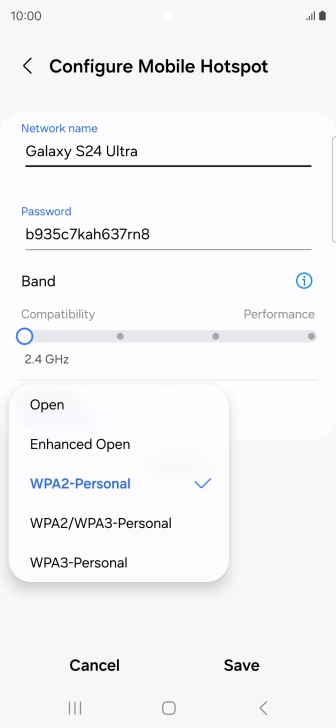 Press WPA3-Personal to password protect your Wi-Fi hotspot.