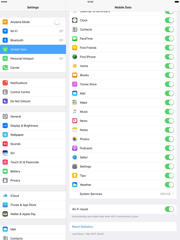 Press the indicator next to the required application to turn the function on or off.